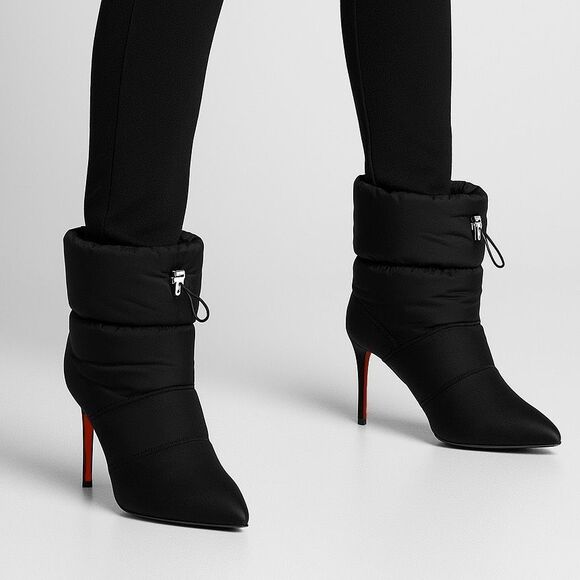 CHRISTIAN LOUBOUTIN Astro Pointue Black Puffer Ankle Boot Size 40 Nylon Stiletto - Picture 2 of 13